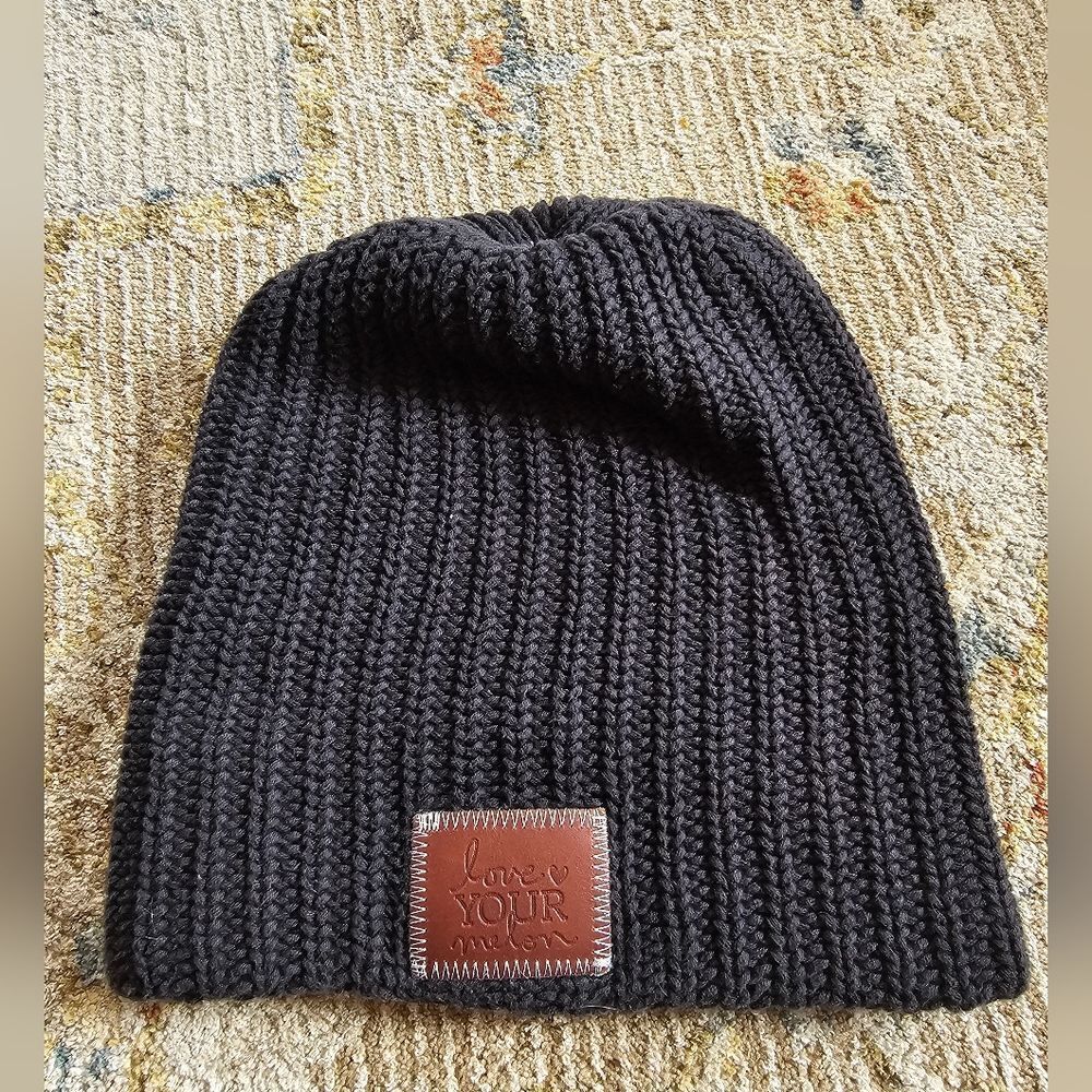 Love Your Melon Beanie With Brown Leather Patch, Like New!